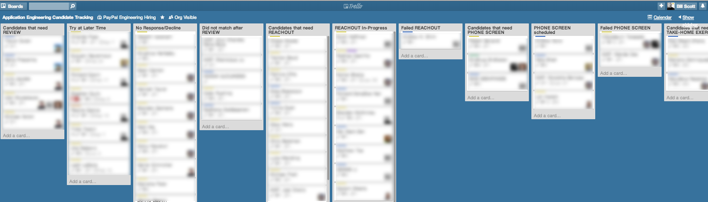 Our Trello board for web application engineering hiring